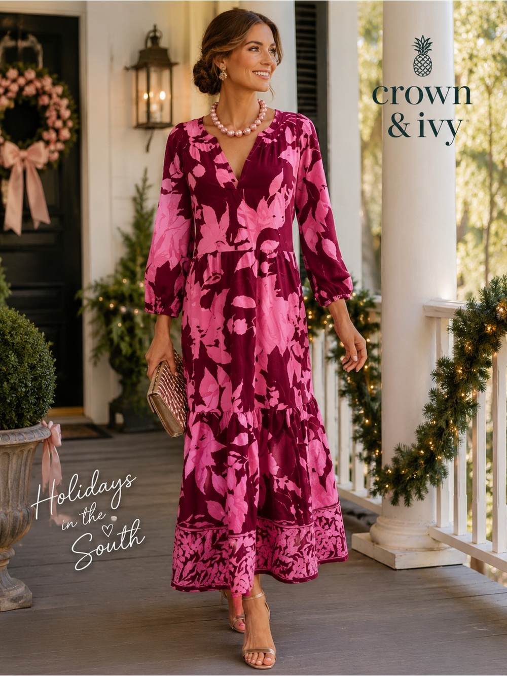 Crown & Ivy™,Petite 3/4 Sleeve Printed Vibrant,Hues of Pink, Perfect,Dress